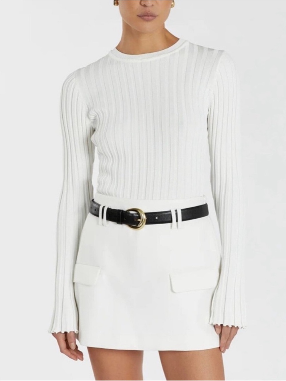 DISSH Ada White Ribbed Long Sleeve Crew Neck Basic Top Sweater